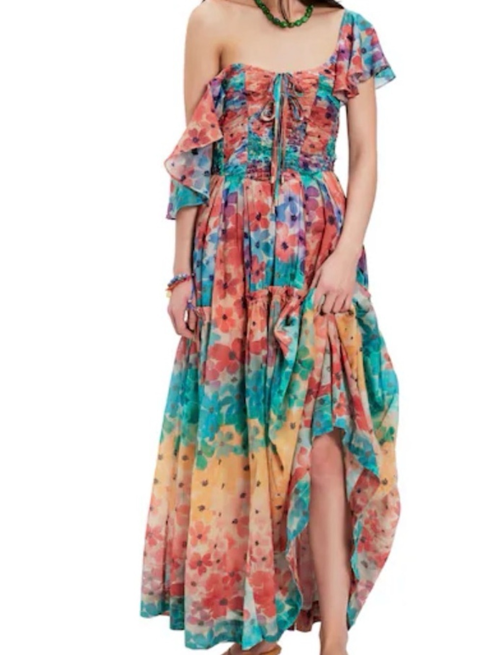 Free People Sunshine Maxi, Floral One-Shoulder, Dress in Coral & Teal, Sz S, nwt
